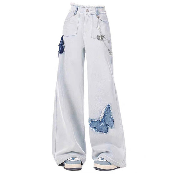 Light Blue Butterfly Aesthetic Jeans - Vedlit