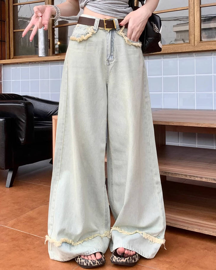 Light Blue Frayed Wide-Leg Jeans - Vedlit