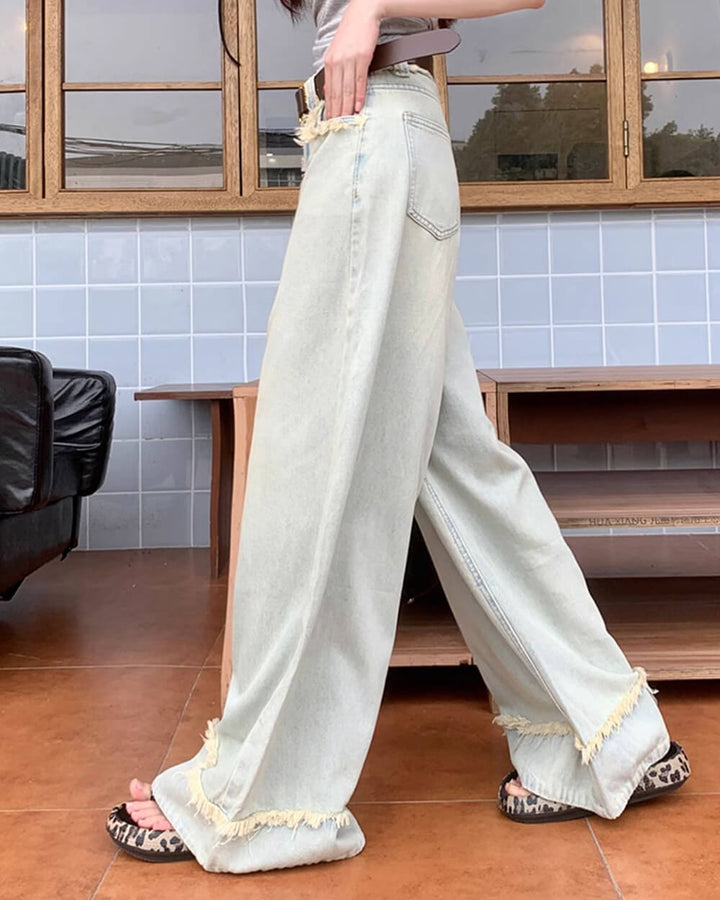 Light Blue Frayed Wide-Leg Jeans - Vedlit