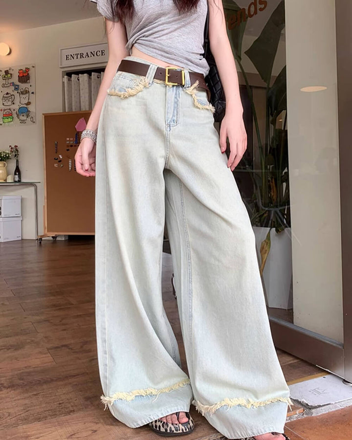 Light Blue Frayed Wide-Leg Jeans - Vedlit