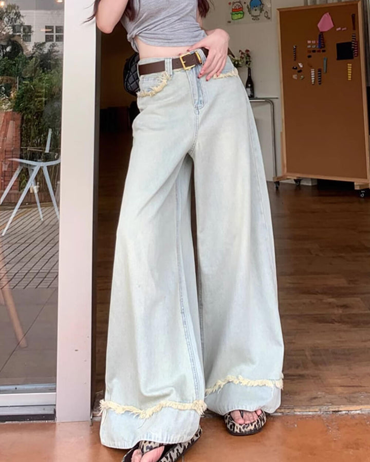 Light Blue Frayed Wide-Leg Jeans - Vedlit