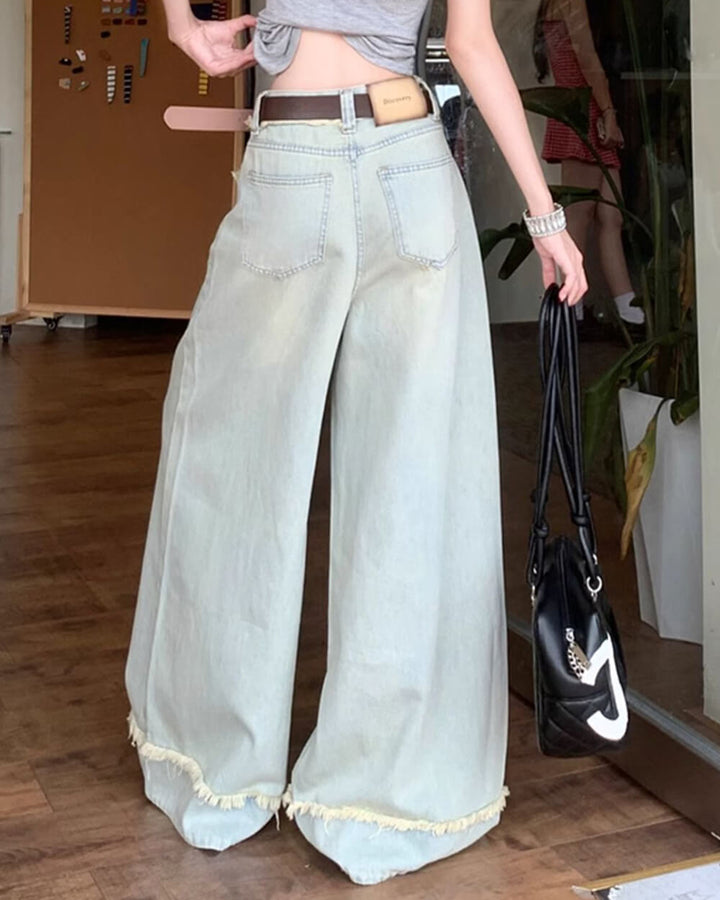 Light Blue Frayed Wide-Leg Jeans - Vedlit