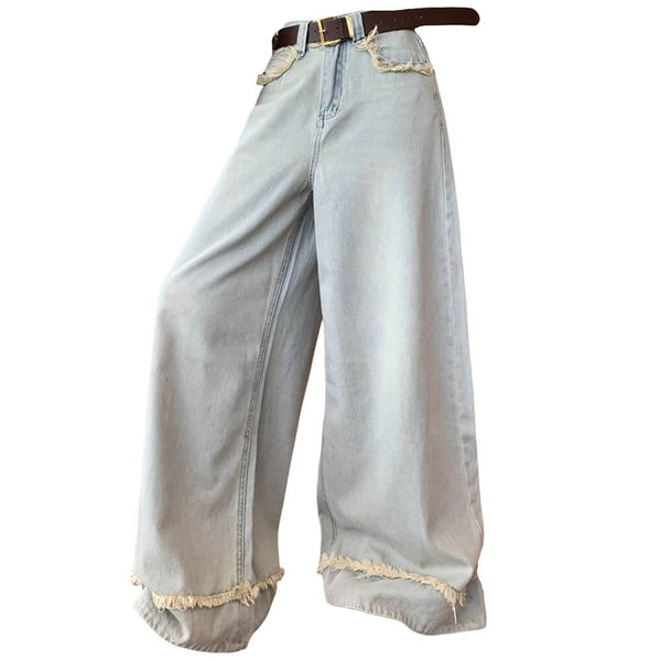 Light Blue Frayed Wide-Leg Jeans - Vedlit