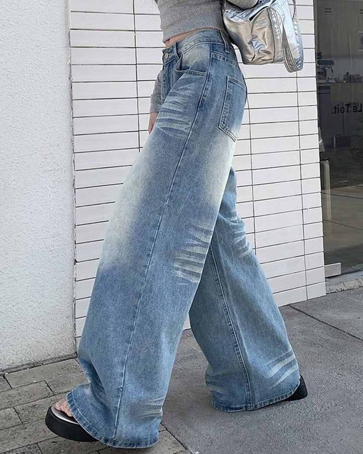 Light Blue Washed Wide-Leg Jeans - Vedlit