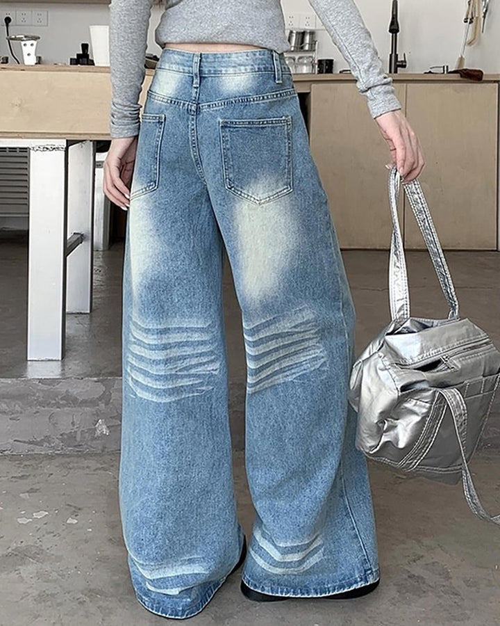 Light Blue Washed Wide-Leg Jeans - Vedlit