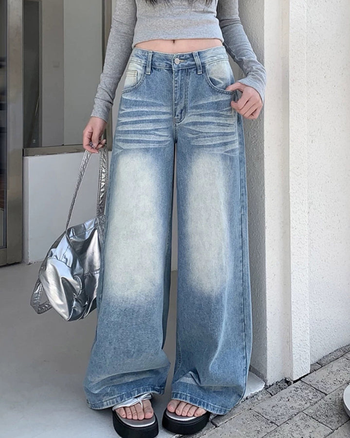 Light Blue Washed Wide-Leg Jeans - Vedlit