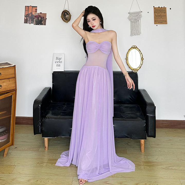 Lilac Mesh Sheer Maxi Dress with Scarf Detail - Vedlit