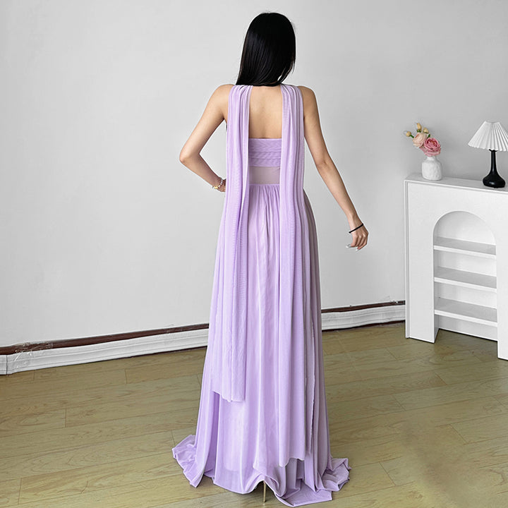 Lilac Mesh Sheer Maxi Dress with Scarf Detail - Vedlit