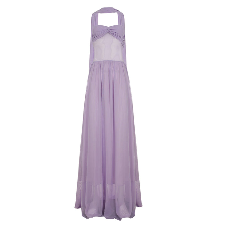 Lilac Mesh Sheer Maxi Dress with Scarf Detail - Vedlit