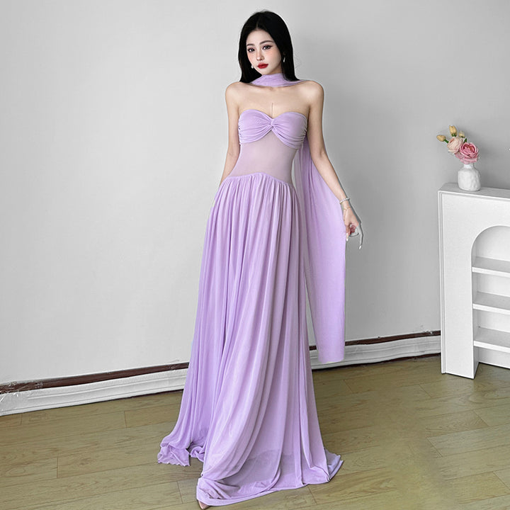 Lilac Mesh Sheer Maxi Dress with Scarf Detail - Vedlit