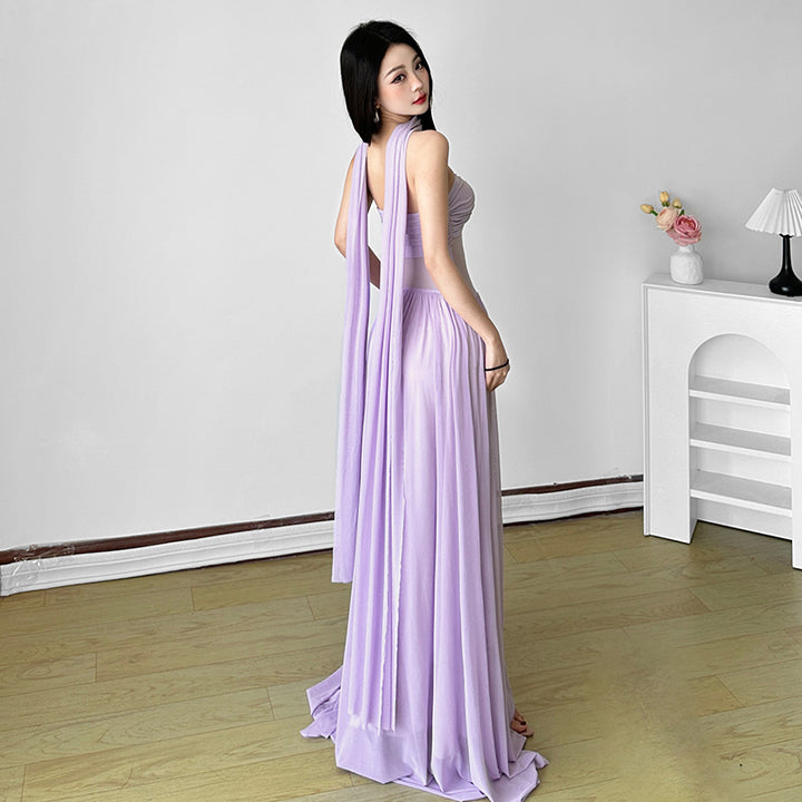Lilac Mesh Sheer Maxi Dress with Scarf Detail - Vedlit