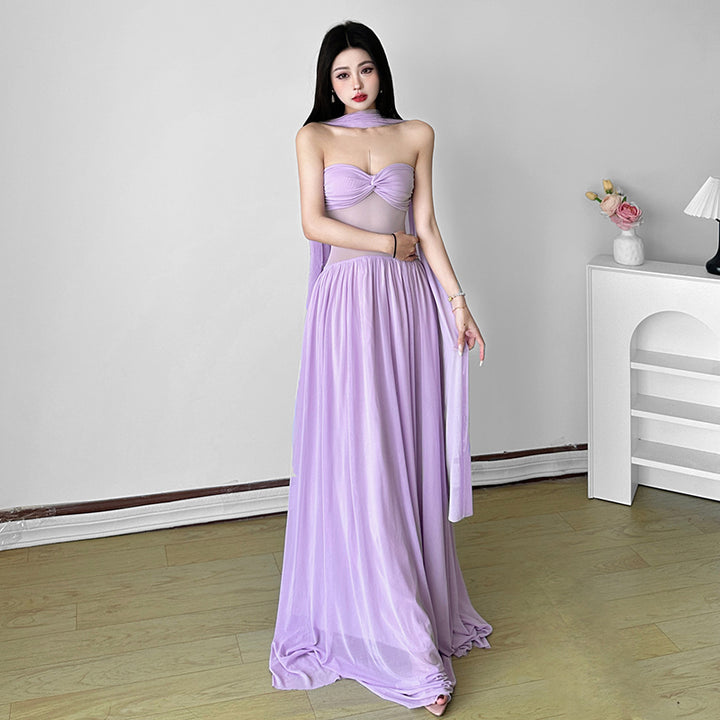Lilac Mesh Sheer Maxi Dress with Scarf Detail - Vedlit