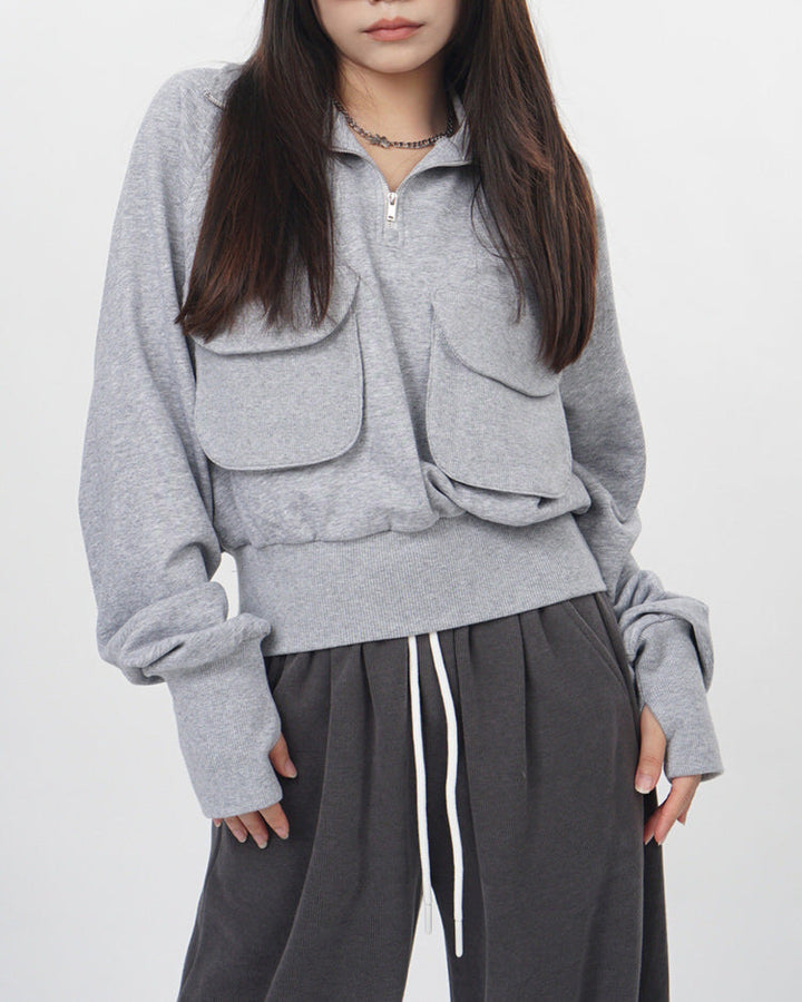 Front Pockets Grey Zip Up Sweatshirt - Vedlit