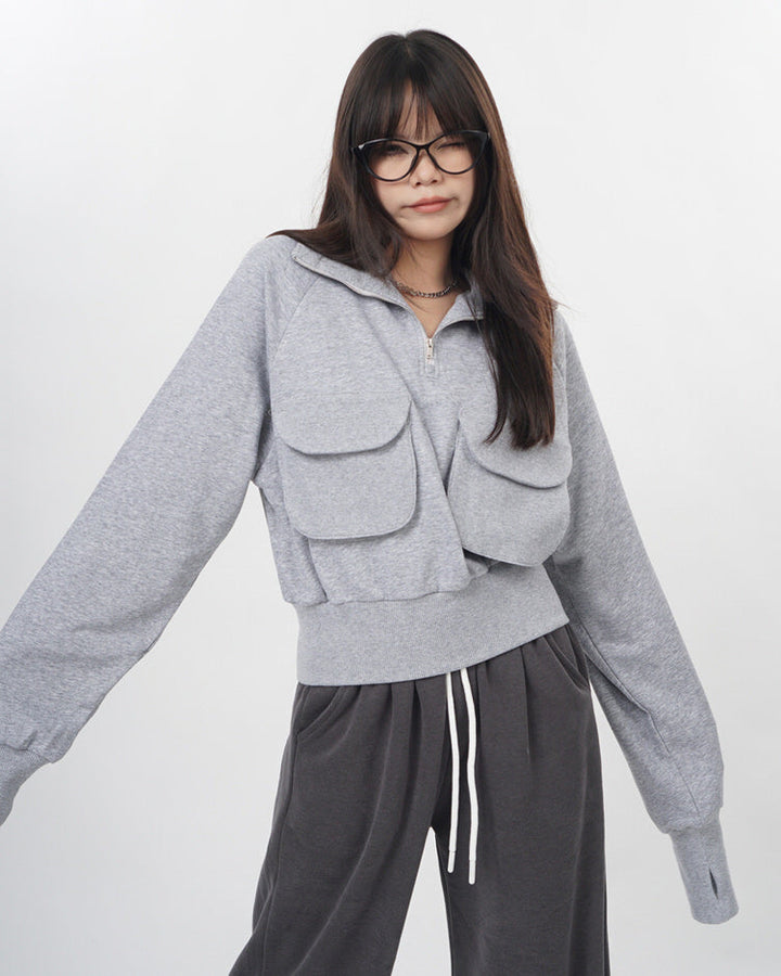 Front Pockets Grey Zip Up Sweatshirt - Vedlit