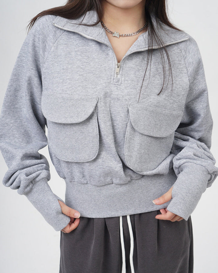 Front Pockets Grey Zip Up Sweatshirt - Vedlit