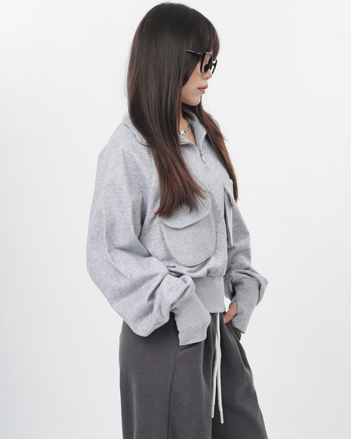 Front Pockets Grey Zip Up Sweatshirt - Vedlit