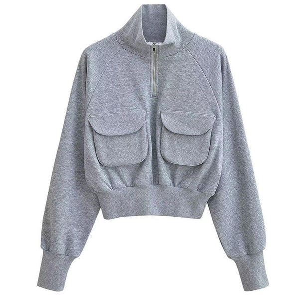 Front Pockets Grey Zip Up Sweatshirt - Vedlit