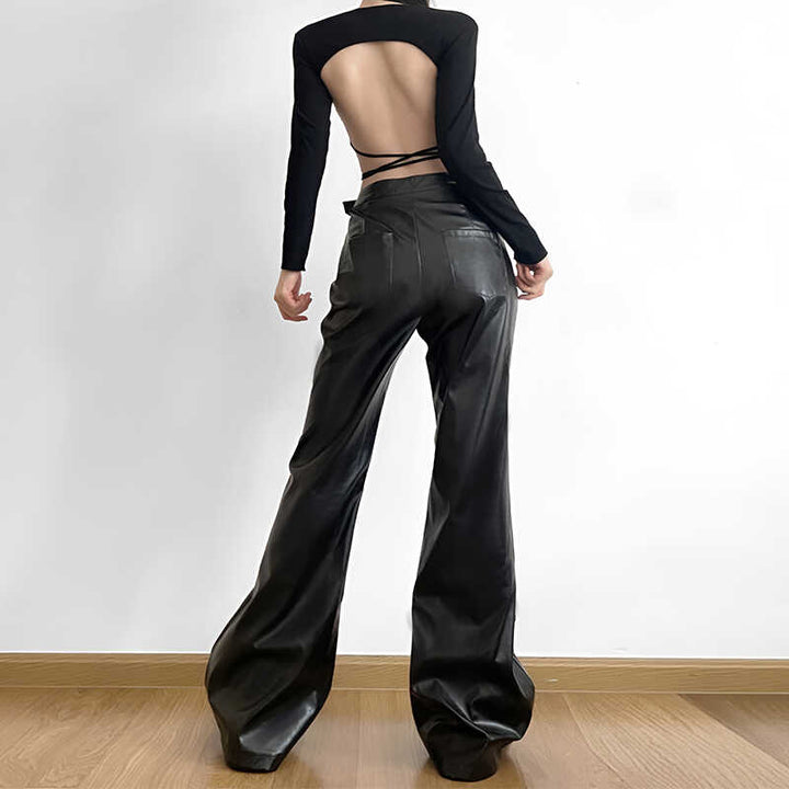 Low-Rise Cutout Faux Leather Pants with Belt Detail - Vedlit