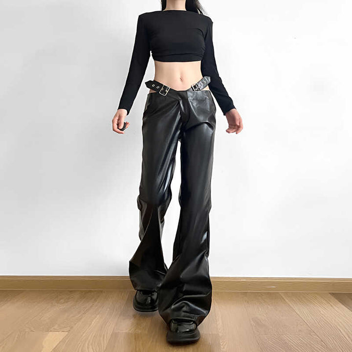 Low-Rise Cutout Faux Leather Pants with Belt Detail - Vedlit