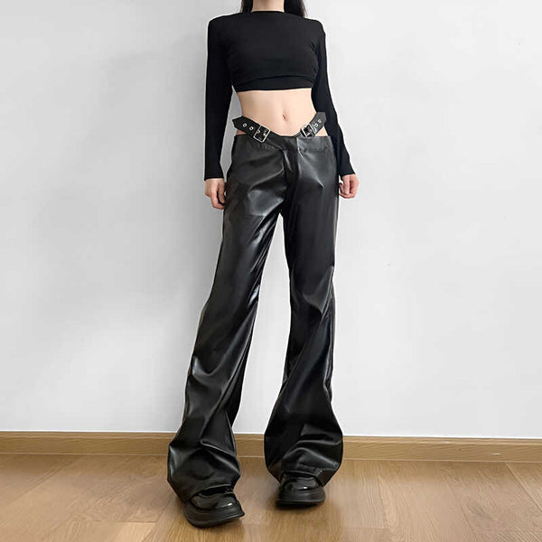 Low-Rise Cutout Faux Leather Pants with Belt Detail - Vedlit