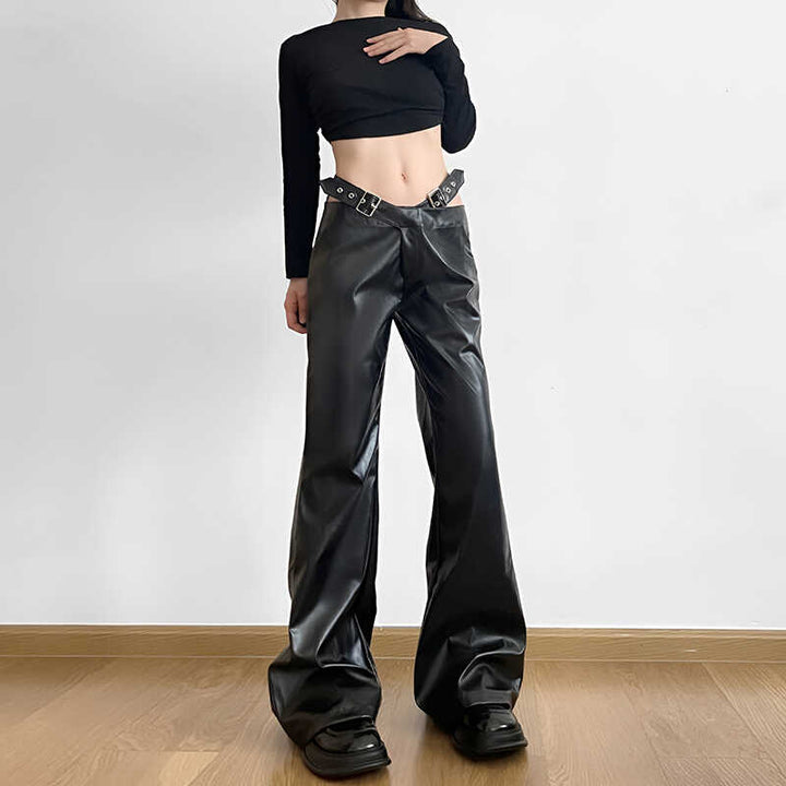 Low-Rise Cutout Faux Leather Pants with Belt Detail - Vedlit