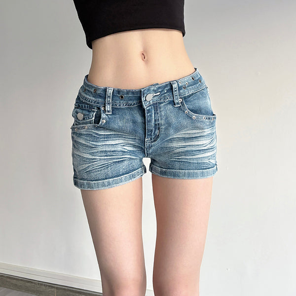 Low Rise Distressed Denim Shorts with Back Flap Pockets - Vedlit