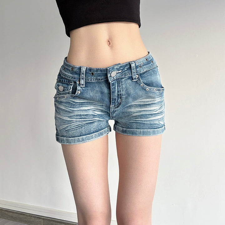 Low Rise Distressed Denim Shorts with Back Flap Pockets - Vedlit