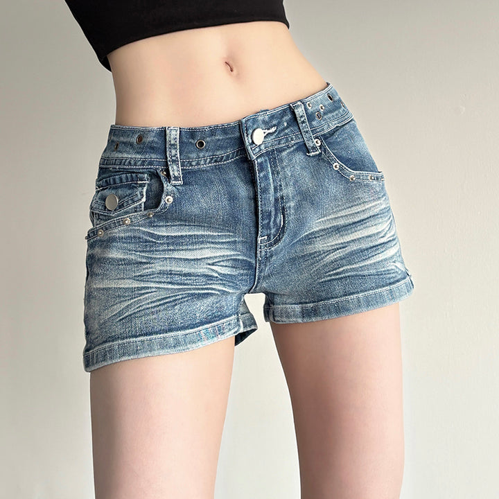 Low Rise Distressed Denim Shorts with Back Flap Pockets - Vedlit