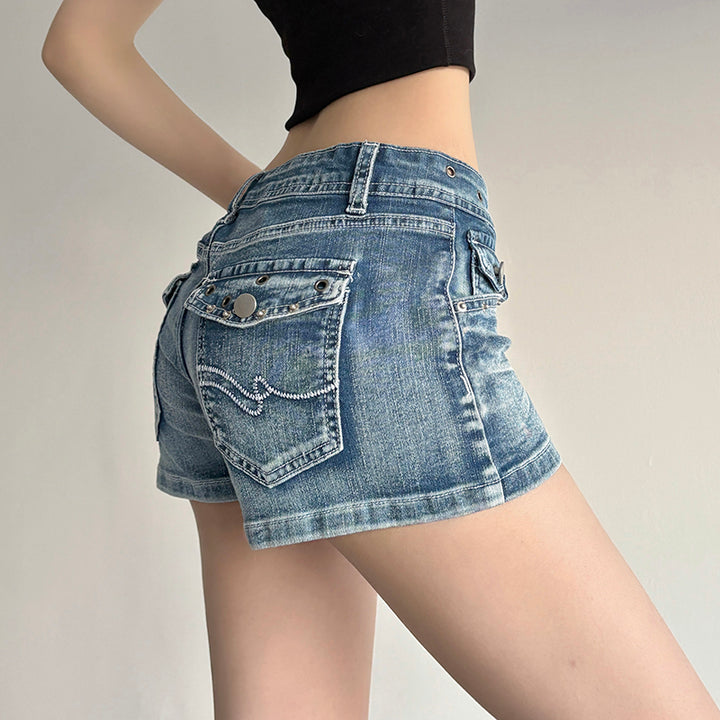 Low Rise Distressed Denim Shorts with Back Flap Pockets - Vedlit