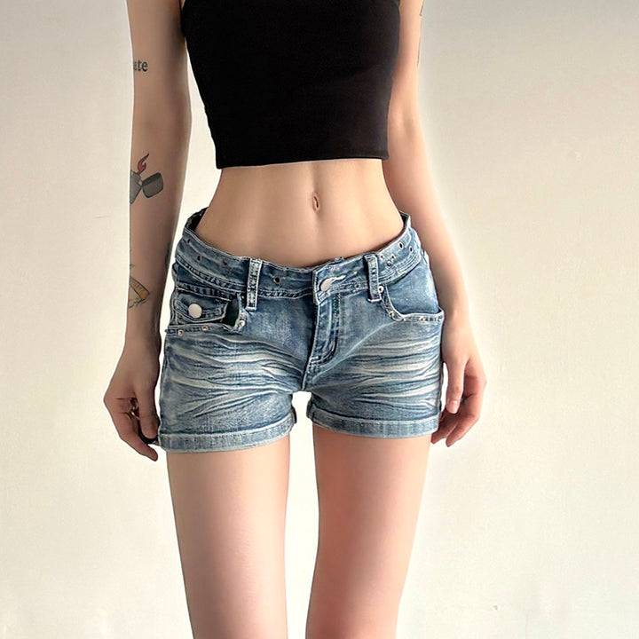 Low Rise Distressed Denim Shorts with Back Flap Pockets - Vedlit