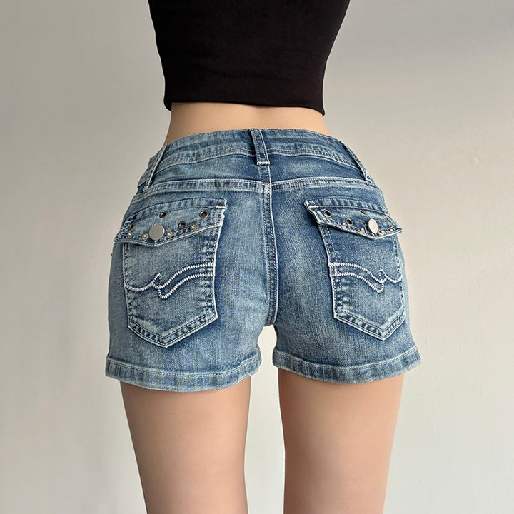 Low Rise Distressed Denim Shorts with Back Flap Pockets - Vedlit