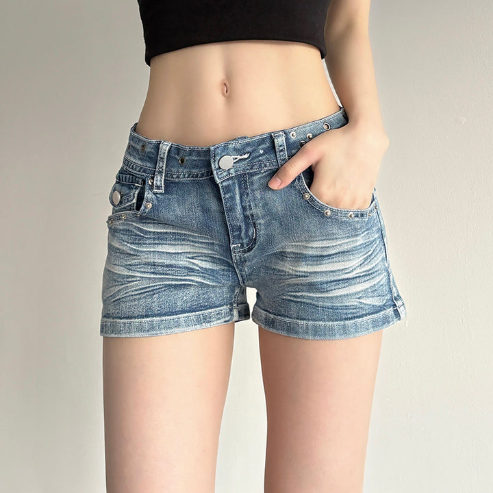 Low Rise Distressed Denim Shorts with Back Flap Pockets - Vedlit
