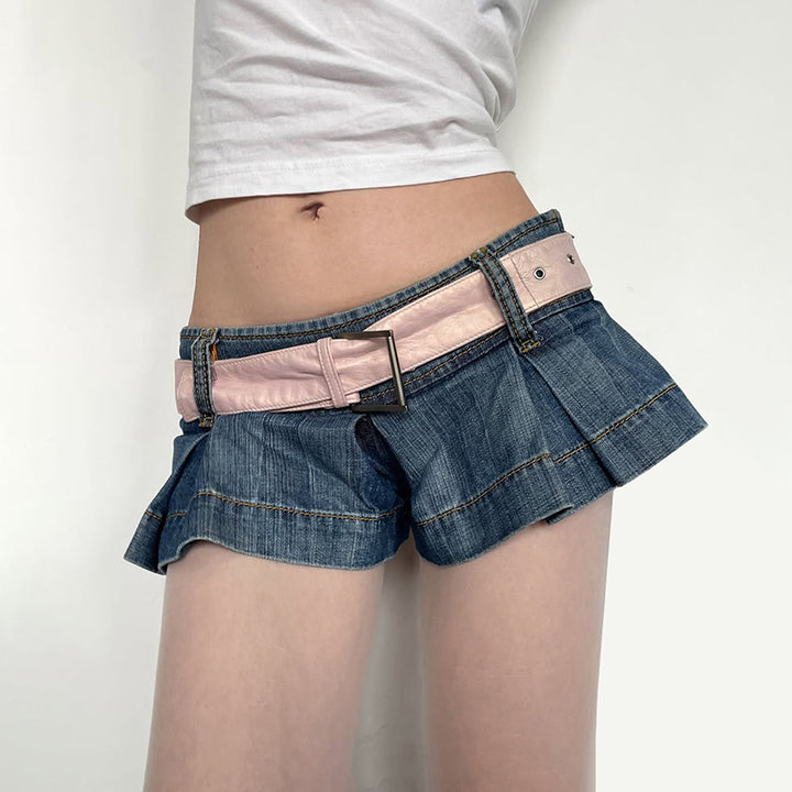 Low Rise Pleated Denim Skort Y2K Mini Street Style - Vedlit