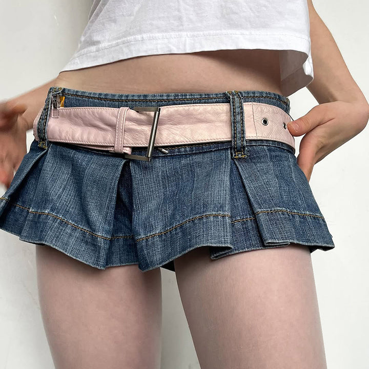 Low Rise Pleated Denim Skort Y2K Mini Street Style - Vedlit