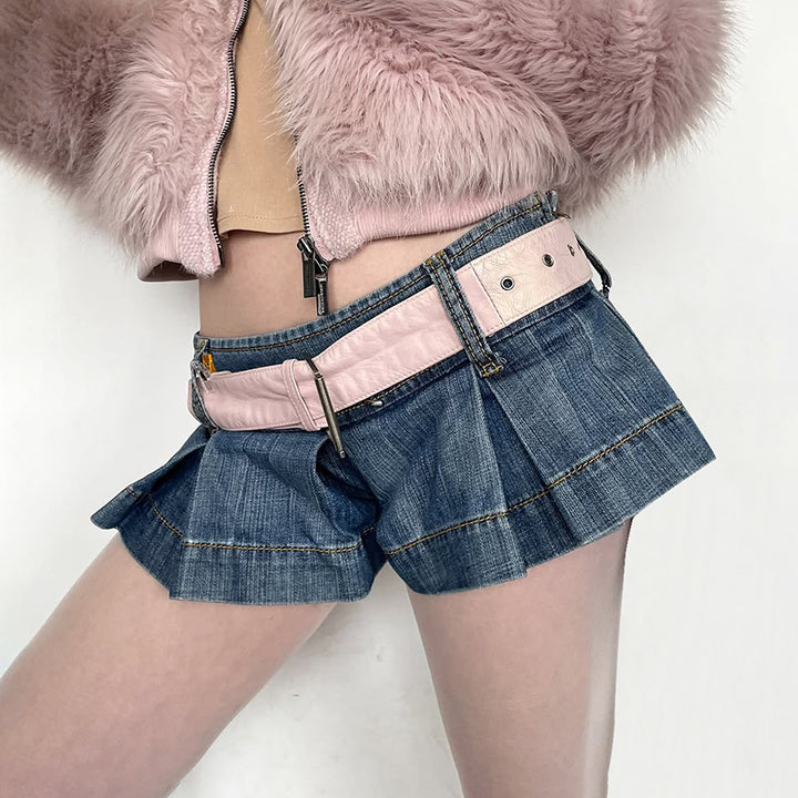 Low Rise Pleated Denim Skort Y2K Mini Street Style - Vedlit