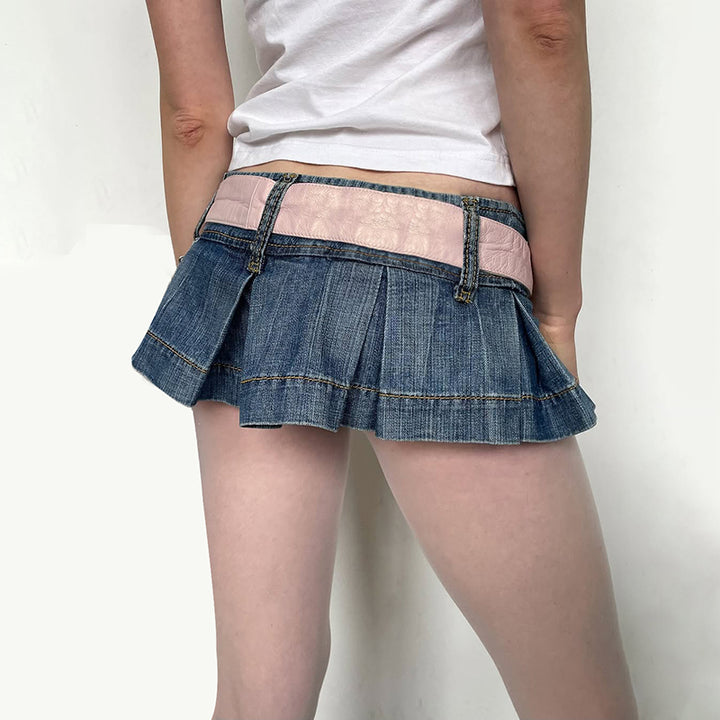 Low Rise Pleated Denim Skort Y2K Mini Street Style - Vedlit