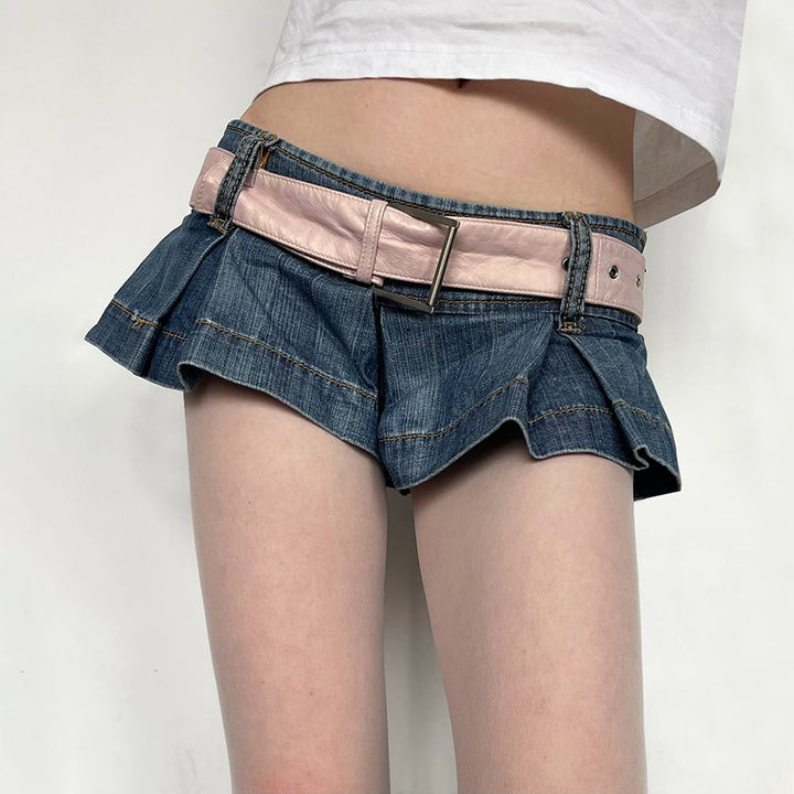 Low Rise Pleated Denim Skort Y2K Mini Street Style - Vedlit