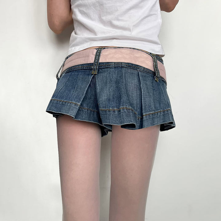 Low Rise Pleated Denim Skort Y2K Mini Street Style - Vedlit