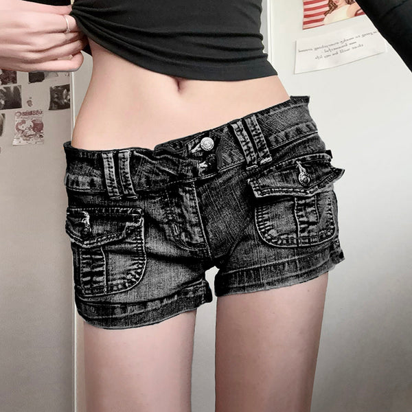 Low Rise Pocketed Denim Shorts Y2K Grunge Streetwear - Vedlit