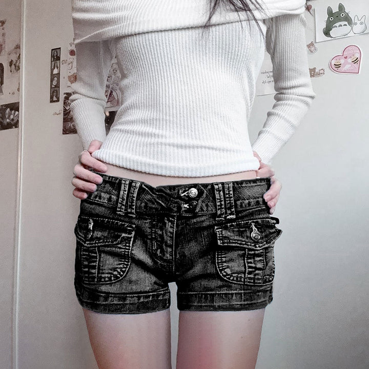 Low Rise Pocketed Denim Shorts Y2K Grunge Streetwear - Vedlit