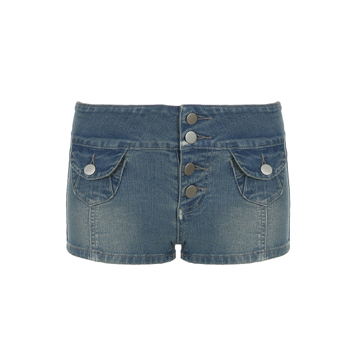 Low Rise Vintage Button Denim Shorts with Front Flap Pockets - Vedlit