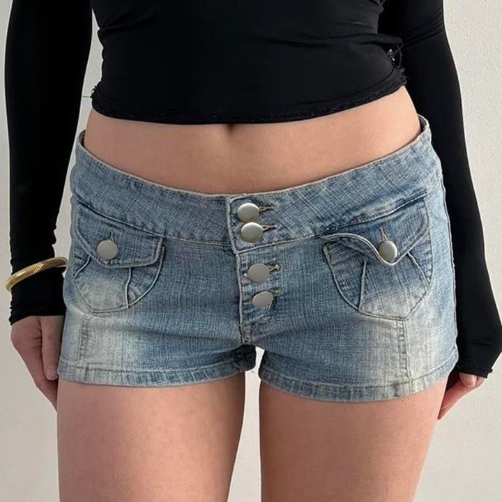Low Rise Vintage Button Denim Shorts with Front Flap Pockets - Vedlit