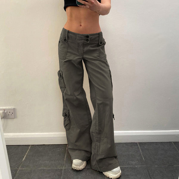 Low-Rise Wide Leg Cargo Pants with Pockets - Vedlit