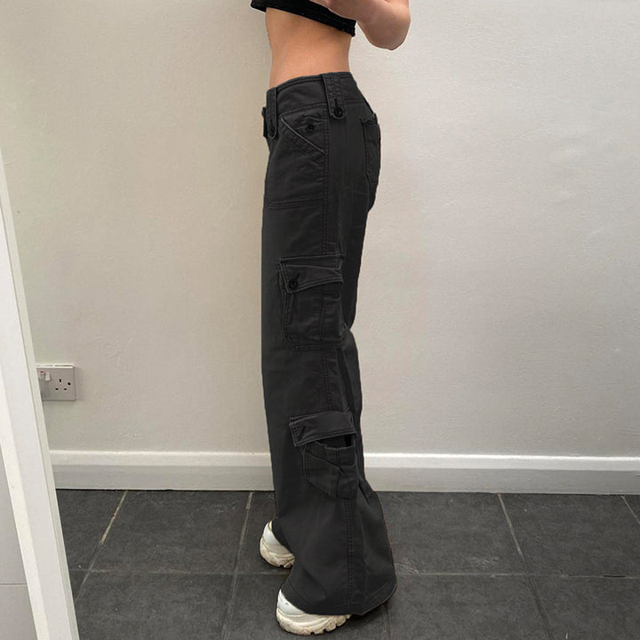 Low-Rise Wide Leg Cargo Pants with Pockets - Vedlit