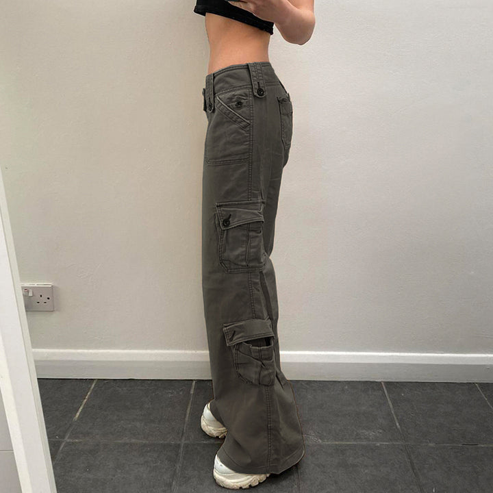 Low-Rise Wide Leg Cargo Pants with Pockets - Vedlit