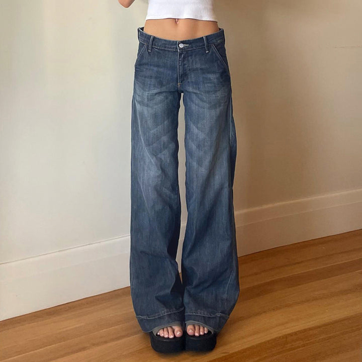 Low Rise Wide Leg Vintage Wash Jeans - Vedlit