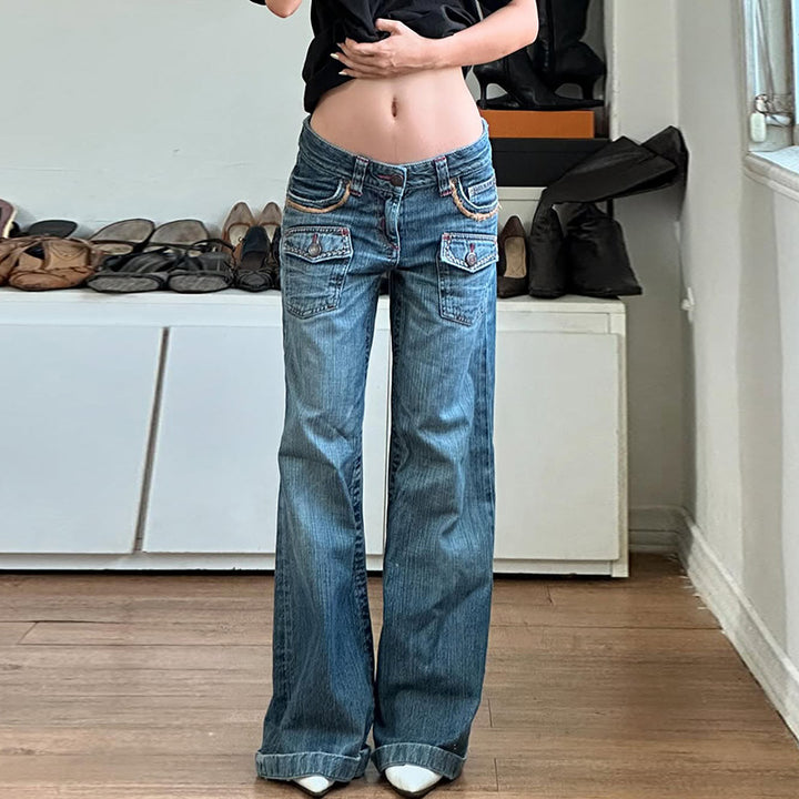 Low-Rise Y2K Wide-Leg Jeans with Flap Pockets - Vedlit