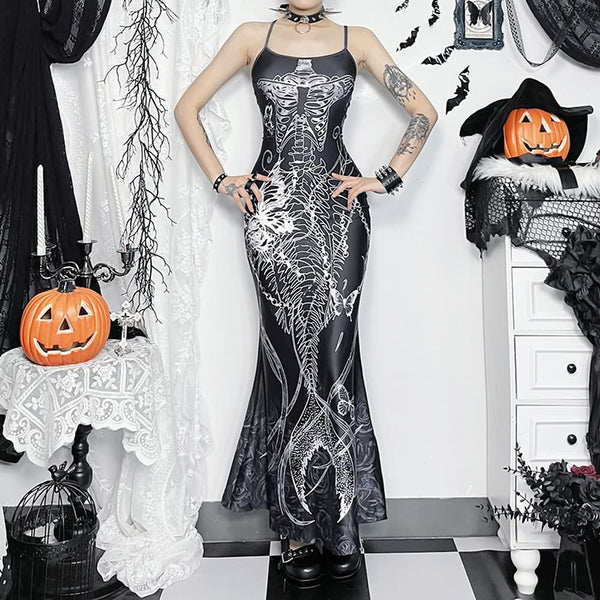 Mermaid Skeleton Gothic Maxi Dress - Vedlit