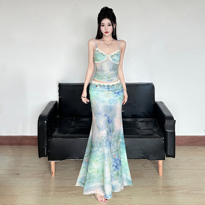 Mermaidcore Watercolor Maxi Set with Beaded Trim - Vedlit