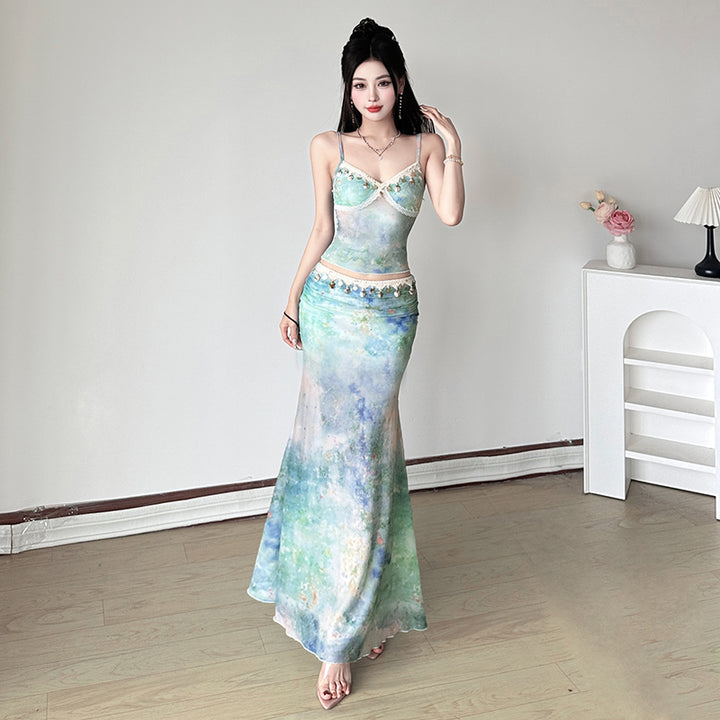 Mermaidcore Watercolor Maxi Set with Beaded Trim - Vedlit